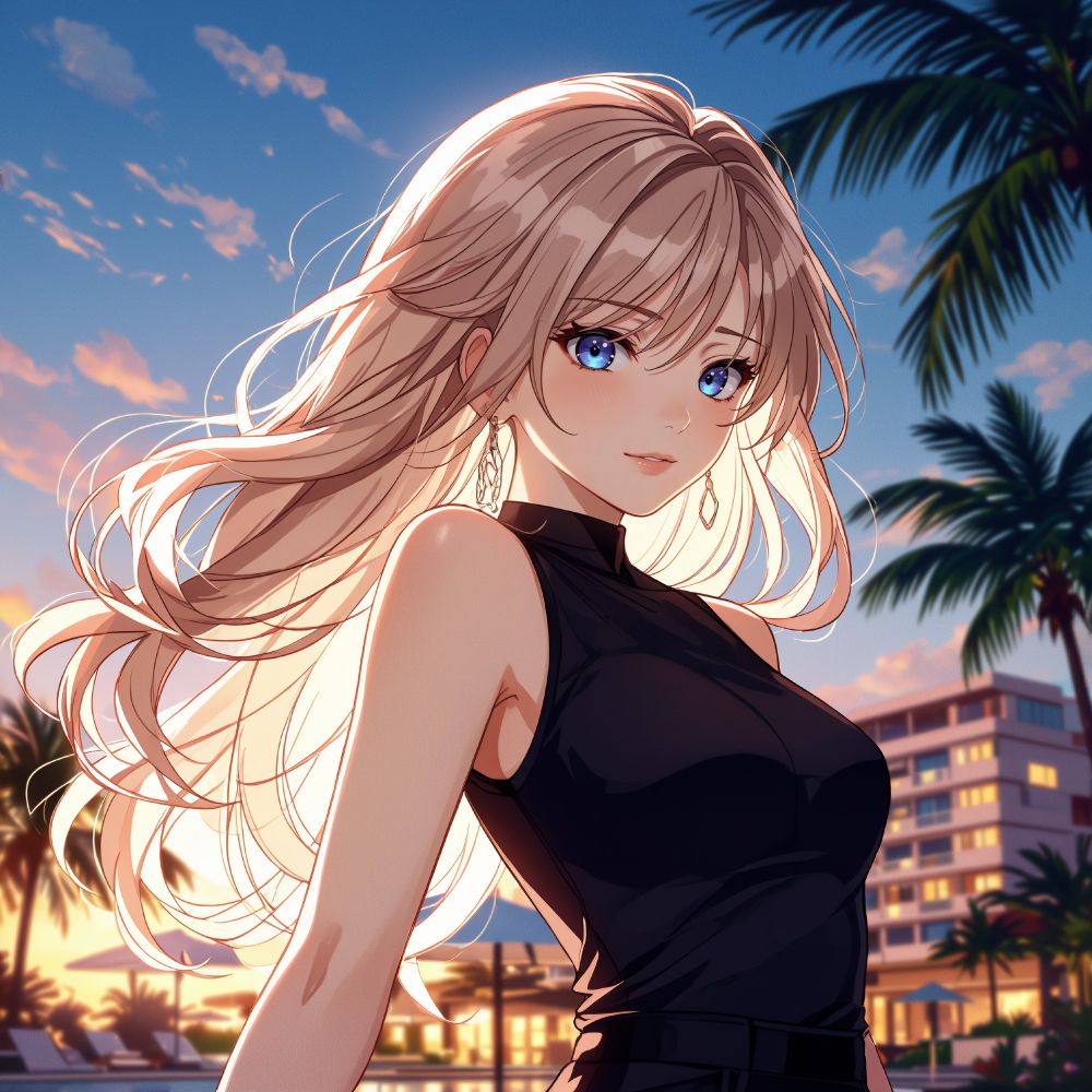 an animated female character with blonde hair and blue eyes wearing a black sleeveless top is depicted in a side profile against a backdrop of a sunset or sunrise with palm trees and buildings