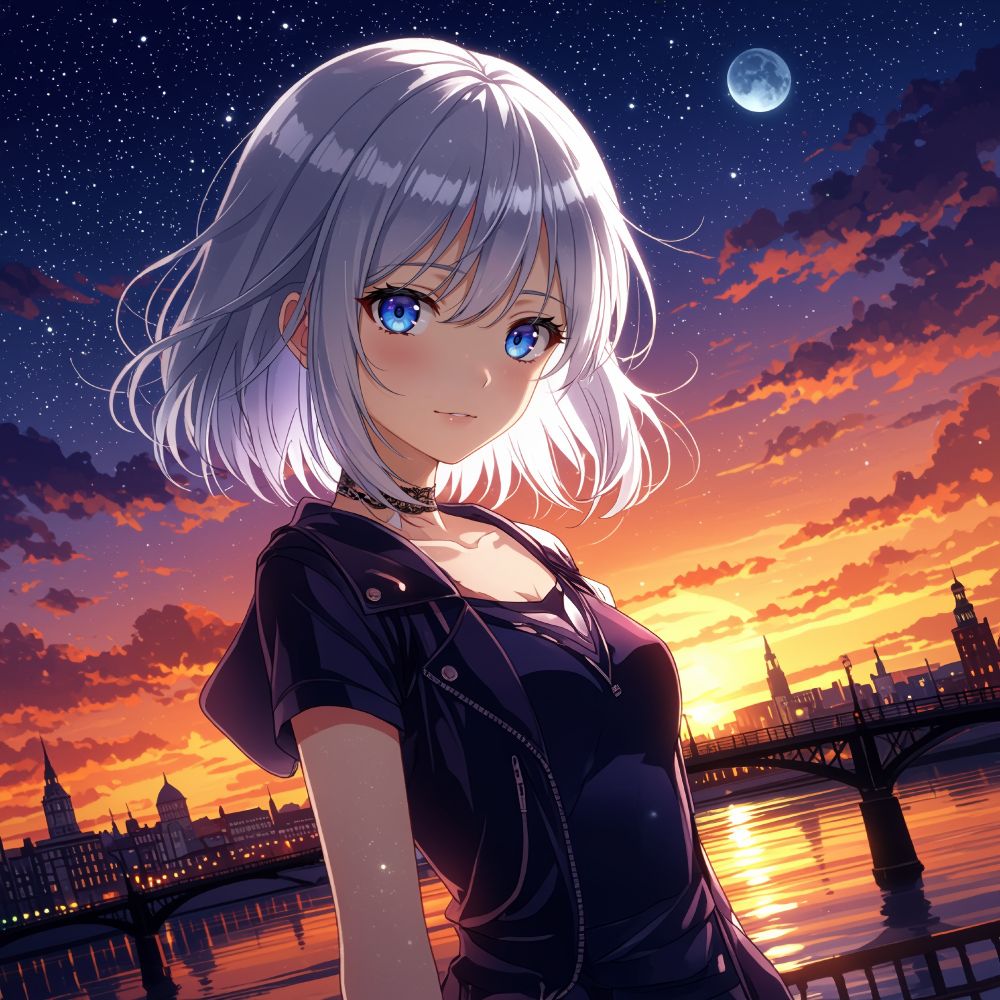 an animated female character with silver hair and blue eyes wearing a black outfit with a choker necklace stands in front of a city skyline at sunset surrounded by a vibrant sunset