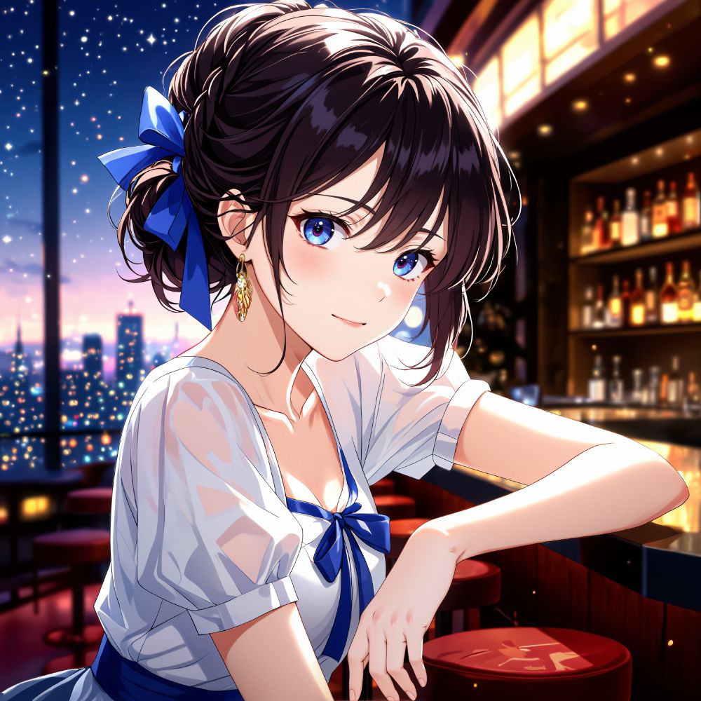 an animated female character with dark hair and blue eyes wearing a white blouse and blue ribbon sits at a bar with a cityscape visible through the window