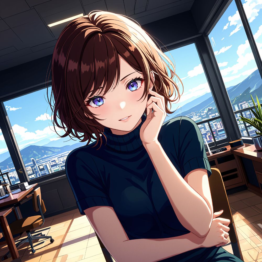 an animated female character with short brown hair and striking blue eyes wears a black turtleneck while seated in a well - lit room with large windows offering a panoramic view