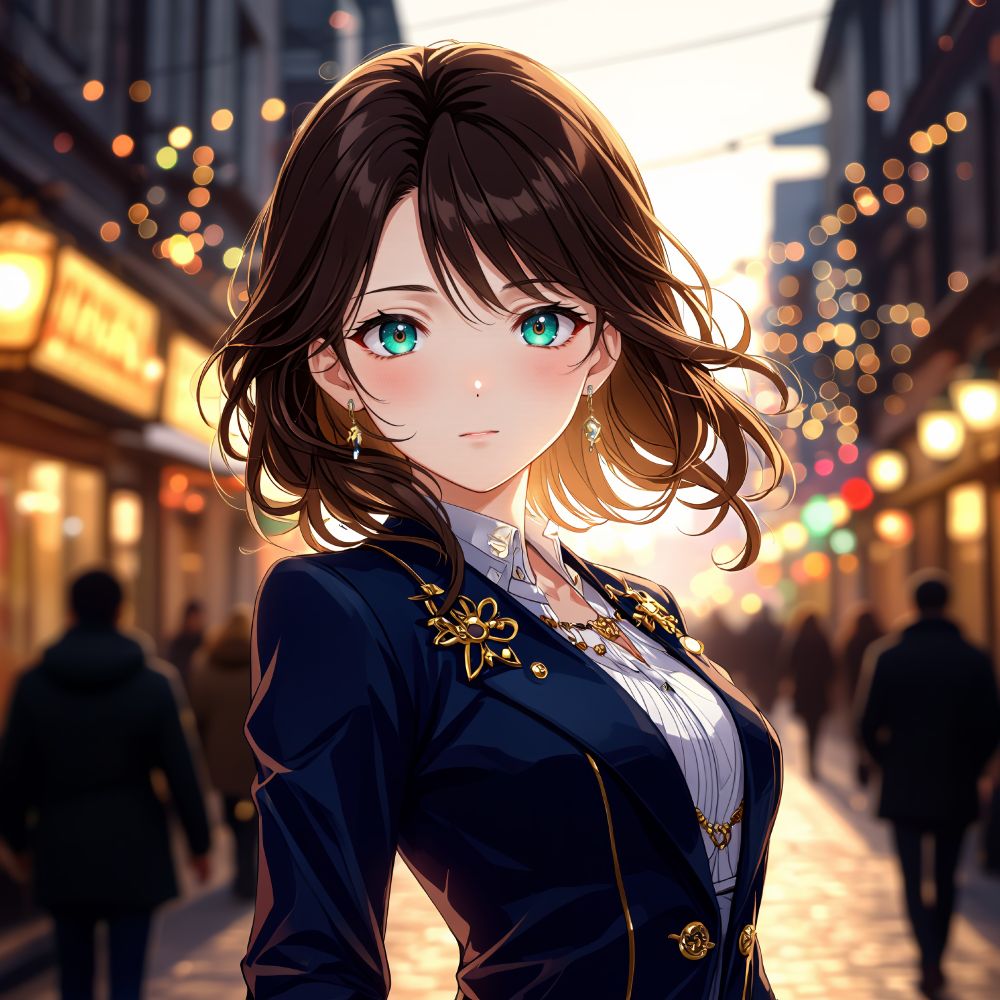 an animated female character donning a dark blue jacket with golden embellishments and sporting striking blue eyes stands in a bustling city street at dusk. a golden glow illuminates the scene.