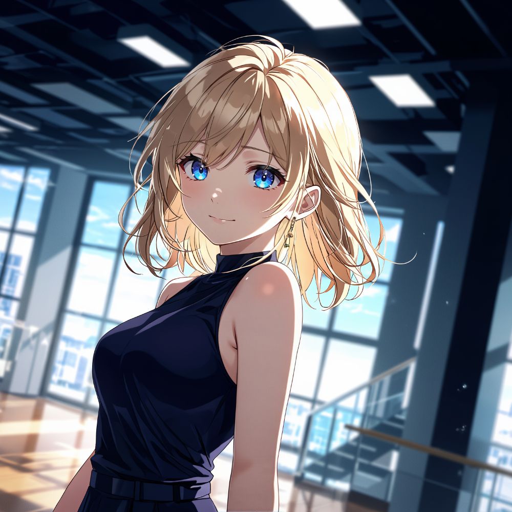an animated female character with blonde hair blue eyes and a black sleeveless top stands in a modern well - lit room with large windows looking directly at the viewer with a calm and serene expression
