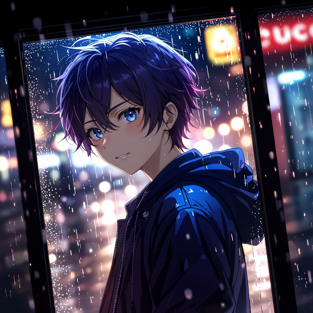 a young male animated character with blue eyes and dark hair stands in the rain wearing a blue jacket in front of a neon - lit cityscape with falling raindrops