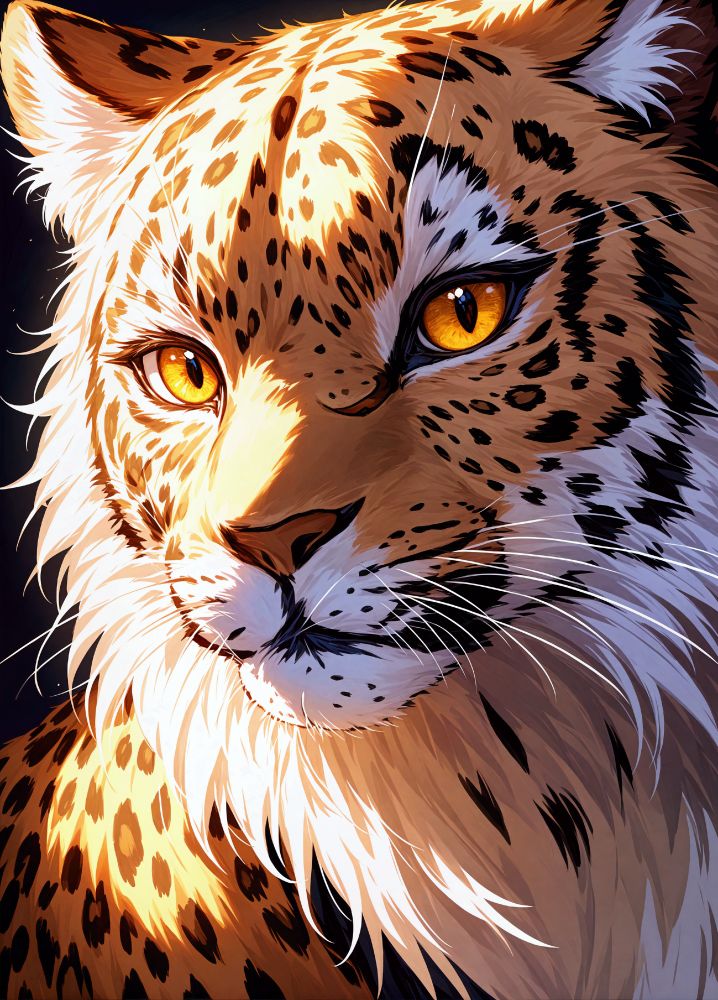 a close - up of a leopard's face, with striking yellow eyes and detailed fur, is depicted against a dark background with a hint of blue and black colors. the leopard's fur is detailed, and its eyes are focused intently on the panther's face. the overall style is realistic and detailed, with a focus on the leopard's fur and the eyes.