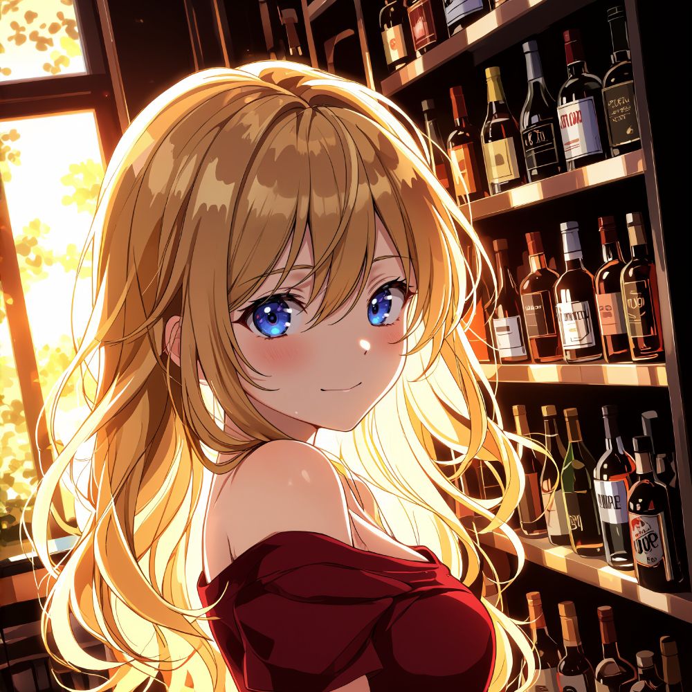 an animated female character with blonde hair blue eyes and a red off - shoulder top stands in a dimly lit room filled with bottles of alcohol with a warm golden light illuminating the scene
