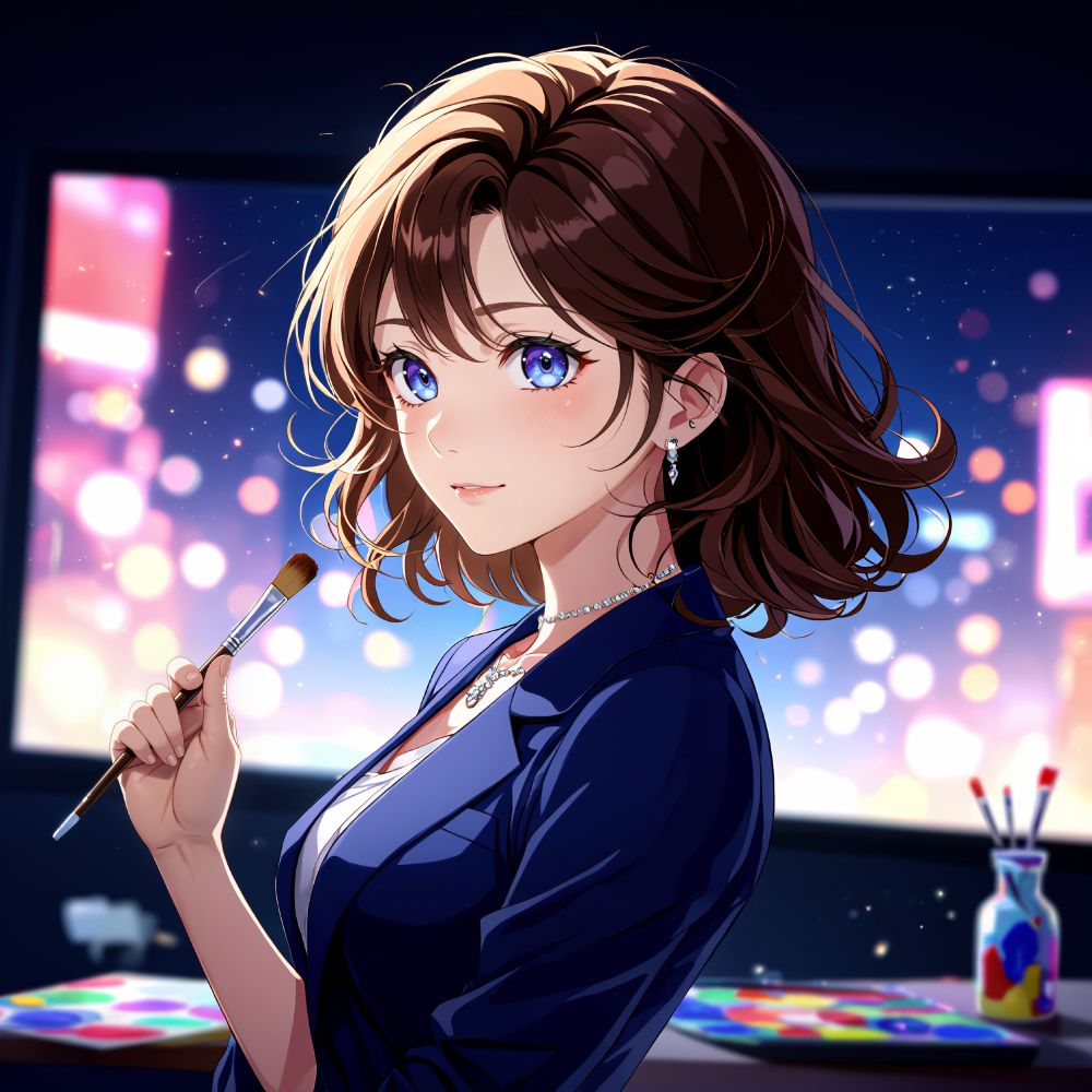 an animated female character with brown hair and blue eyes holds a paintbrush and palette surrounded by various art supplies and a computer monitor standing in front of a colorful cityscape at night 