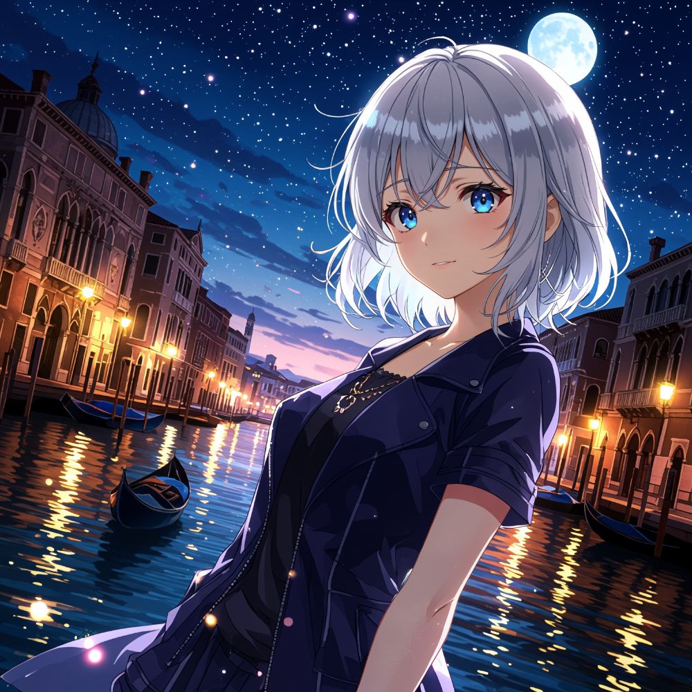 a female animated character with silver hair and blue eyes wearing a dark outfit with intricate designs stands by a canal at night surrounded by a serene and dreamy atmosphere with a full moon