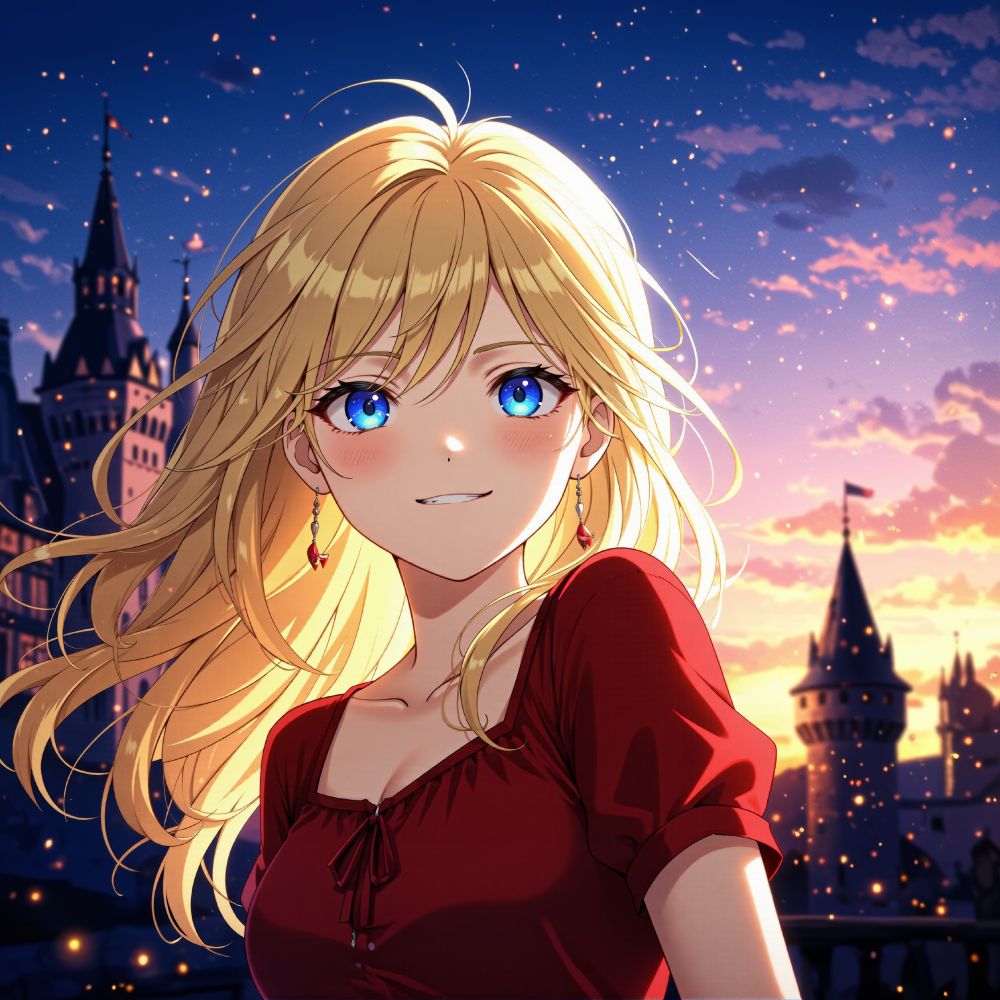 an animated female character with blonde hair and blue eyes wearing a red top stands in front of a castle cityscape at sunset and surrounded by  warm orange and pink sky