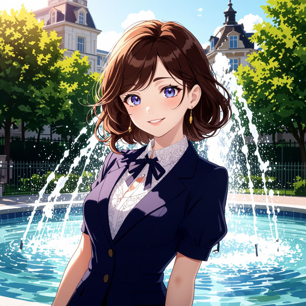 an animated female character with brown hair and purple eyes wearing a blue blazer white shirt and black bowtie stands in front of a fountain with a building and trees in the background