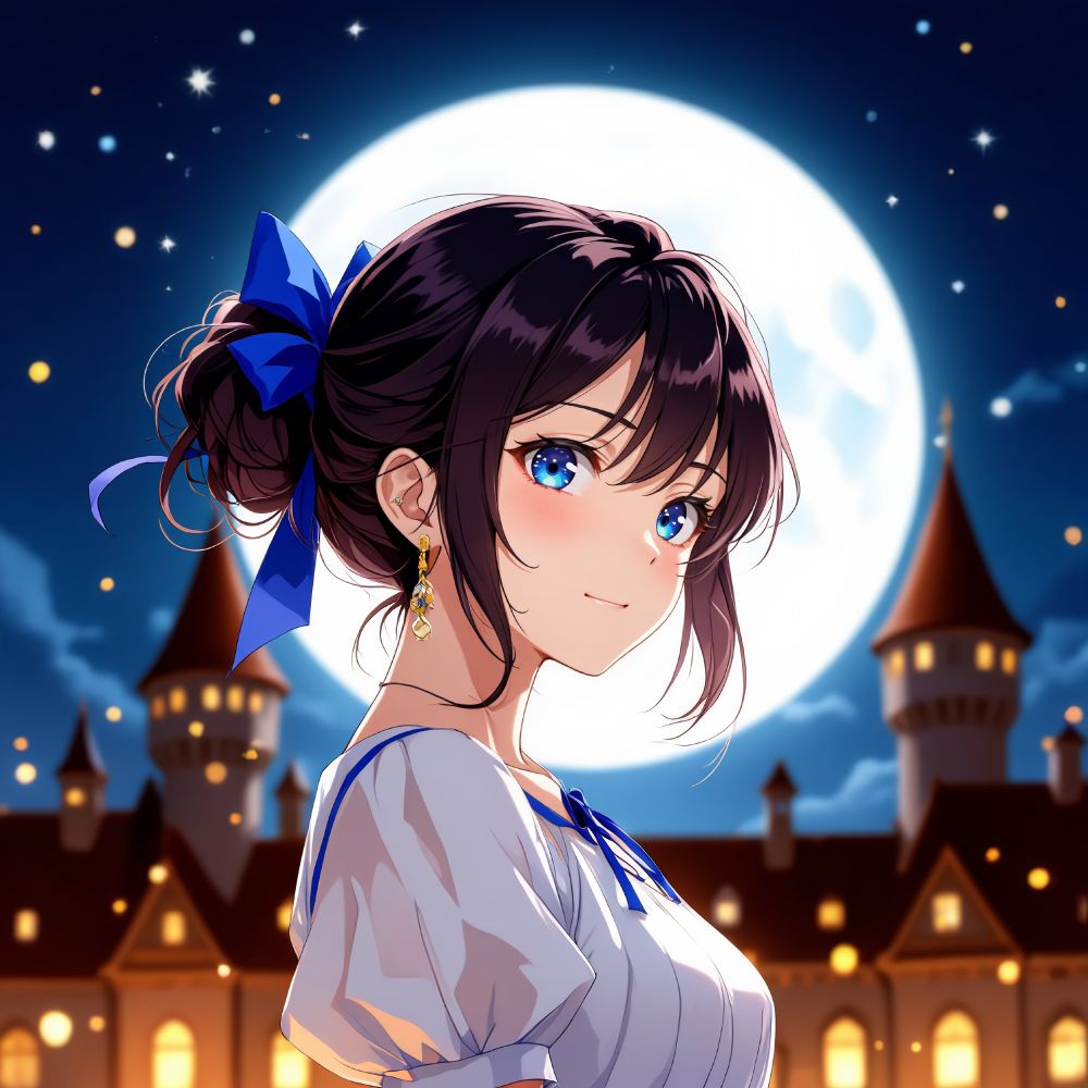 an animated female character with dark hair wearing a white dress with a blue ribbon and blue eyes stands in front of a large moon surrounded by a night sky with stars and a castle silhouette