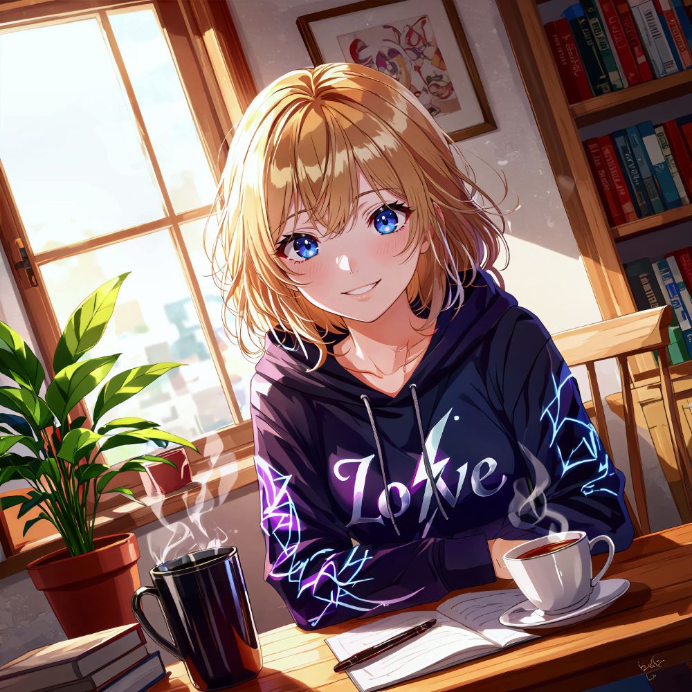 an animated female character with blonde hair and blue eyes sits at a wooden table in a cozy room, surrounded by books, a potted plant, and a cup of hot beverage, with a view of the city outside through a window, and a book on the table.