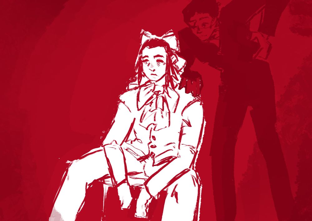 A lazy doodle with a rugged, red brush. The person in front is neatly dressed and has slicked back hair, but he looks disheveled and distressed. He sits in a slumped posture. A very tall man stands behind him with a hand on his shoulder and a soft smile resting on him