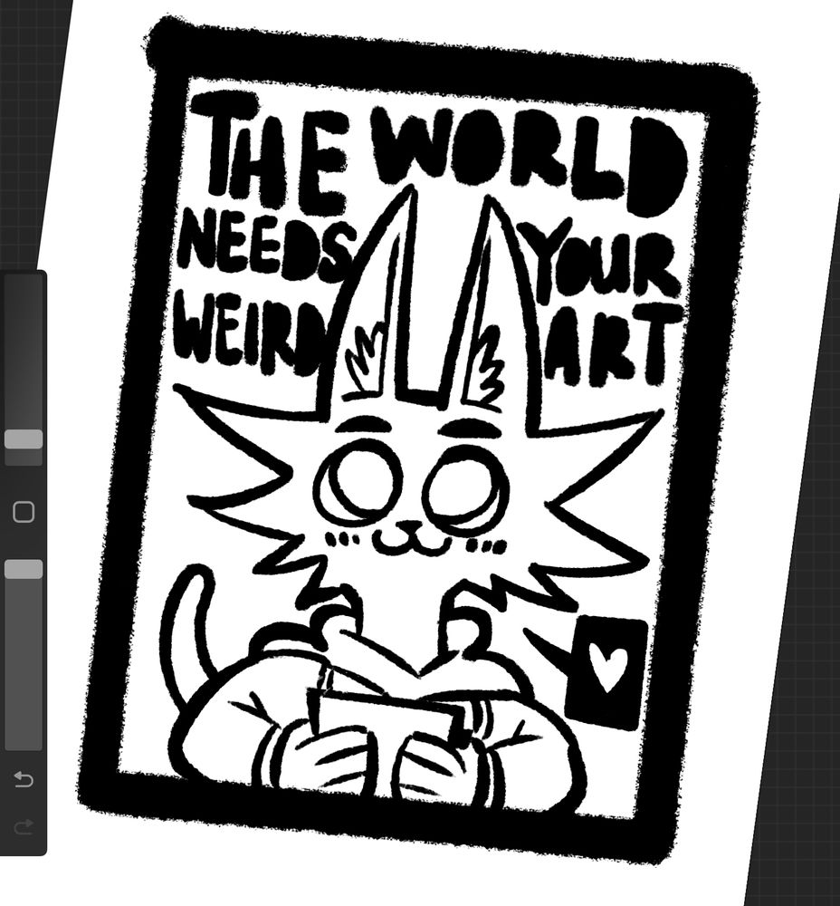Finn is holding a little book, looking upwards and being cute. The text above him says the world needs your weird art. 
