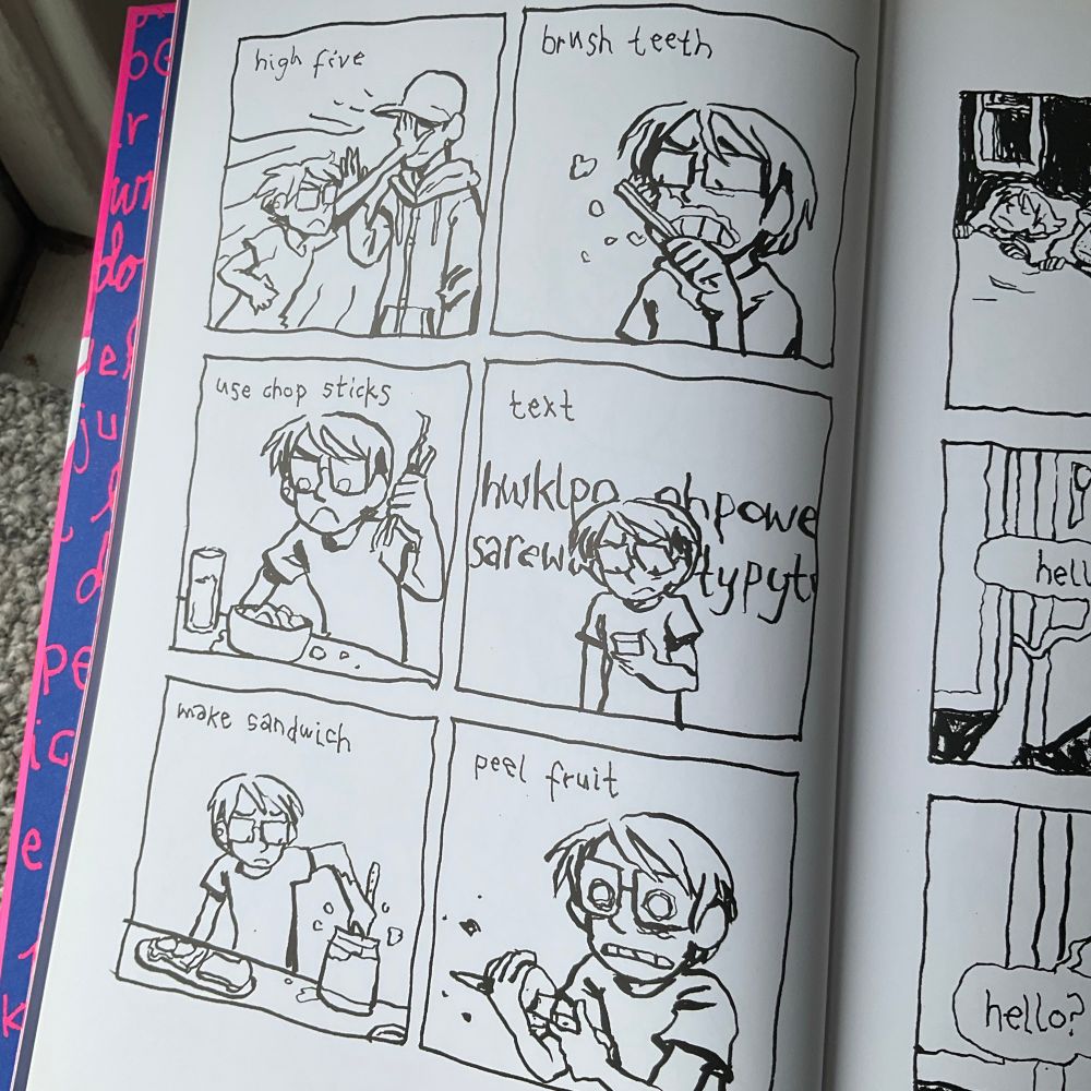 A sample comic page from Offhand by Yuko Ota detailing the hardships of using your non dominant hand to do a variety of activities - high fives, brushing teeth, using chopsticks, texting, making a sandwich, and peeling fruit.