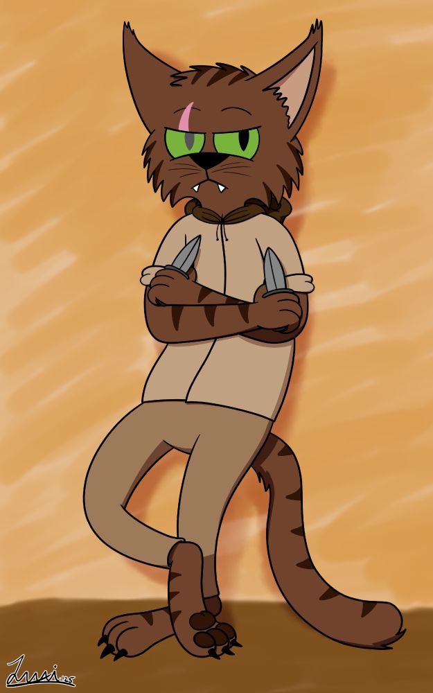 A brown-furred tabaxi (feline species from Dungeons & Dragons) with dark brown stripes, black claws and a scar across their right eye. He wears beige clothing and a dark brown hood pulled back. He's leaned with his back against the wall behind him, crossing his arms and right leg across his left and holds two daggers in his hands, looking at the viewer in a somewhat distrustful manner.