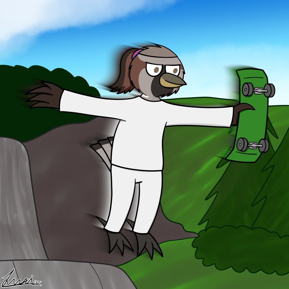 A skateboarding sparrow in white clothes (Blake by @dakejp.bsky.social), who is currently gliding through the air in a T-pose, holding a green skateboard in his left hand.
Context: the pose and clothing is referencing a YouTube video called "Jesus Christ Skate 3 Edit" - featuring a character resembling Jesus Christ in white clothing and gliding through the air in a T-pose.
