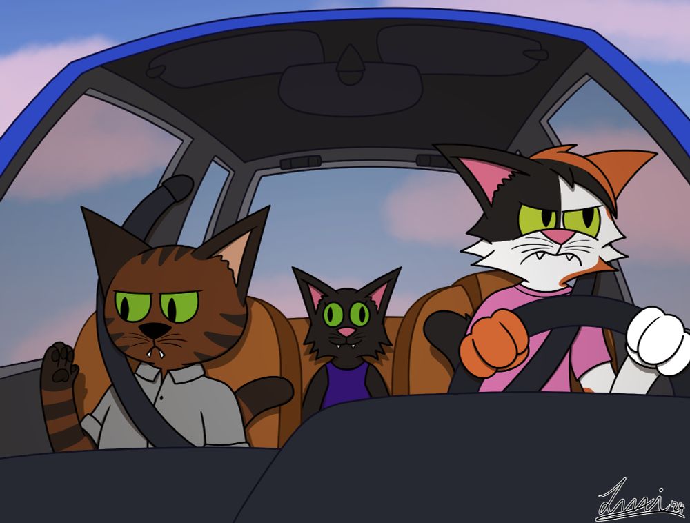 William, Valerie and Calvin (from left to right) in a car. William is looking at his handpaw while Calvin is driving with an angered expression on his face, while Valerie is staring cross-eyed into the distance. There is no context for this scene provided. This was a drawover of a meme from early 2024, featuring three characters with similar poses/expressions in a car, prompting others to redraw this scene with their OC's.