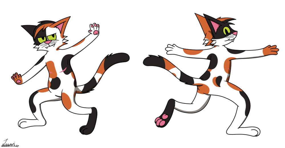 A front and back view of Calvin the calico cat's fur pattern. Noticeable details are a black and orange spot forming a heart on the right of his butt and top-surgery scars, as he's transmasc.