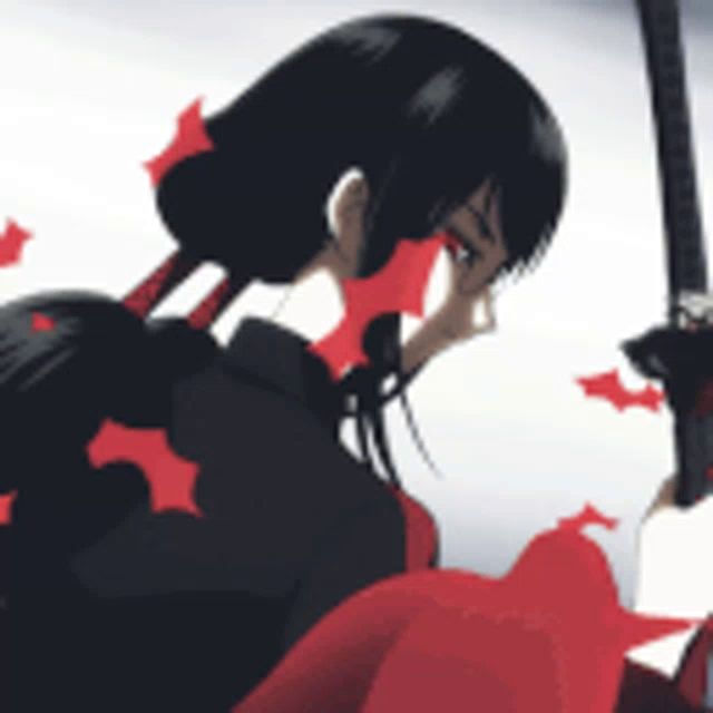 a girl with black hair and red bows is holding a sword in her hand