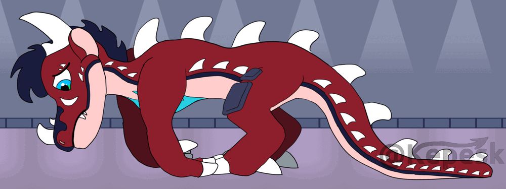A digital animation of a red wingless dragon with white horns and fins, with his head down and moping along an endless hallway.
