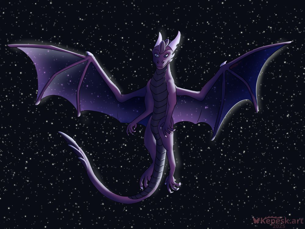 A digital drawing of a purple dragon flying in the sky with a starry background, heavily backlit by moonlight.