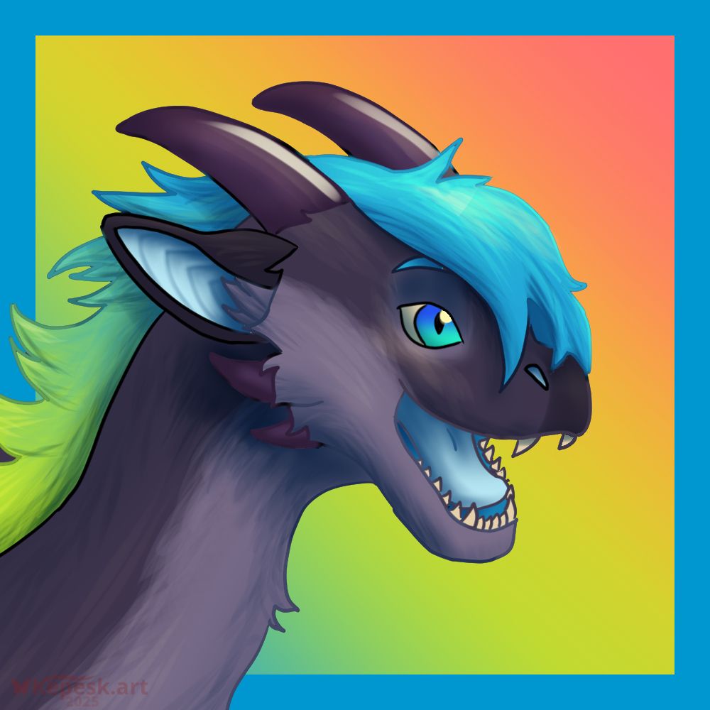A digital drawing of a grey furry dragon with a rainbow mane and deep purple horns..