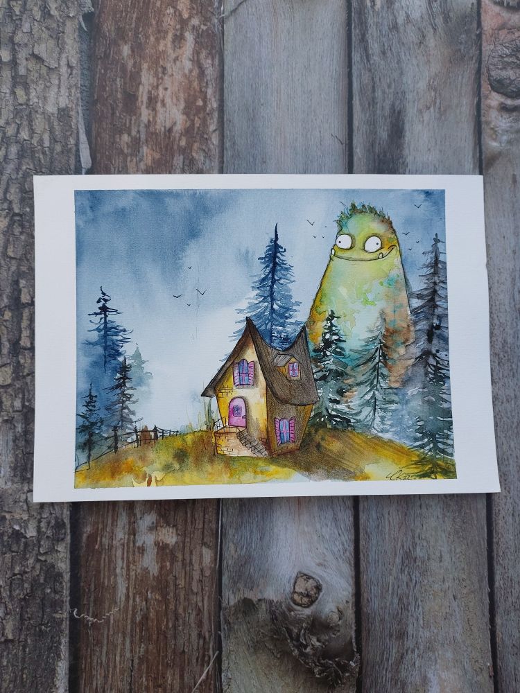 Rupert der grüne Waldgeist steht im Wald hinterm Haus