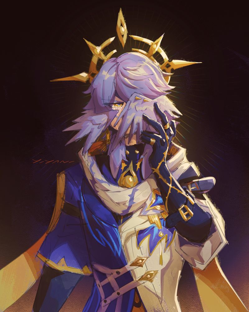 Sunday from Honkai Star Rail covering his face with his wings and crying with quiet anger. (loser)