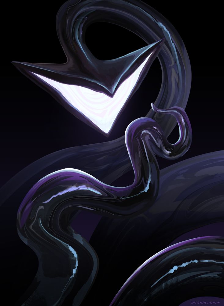A shiny black serpent with a wide arrow-shaped head and a glowing white mouth set against a black backdrop.