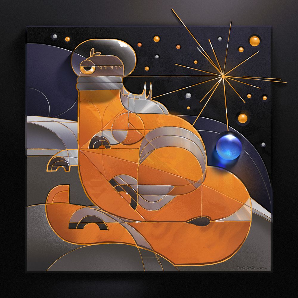 Digital art of a square mural sculpture depicting a stylized astronaut raptor character rendered in metal, stone, glass, and gold inlay. The raptor floats in space, presumably in orbit around the moon. The Earth is represented by a blue marble jutting out from the mural.