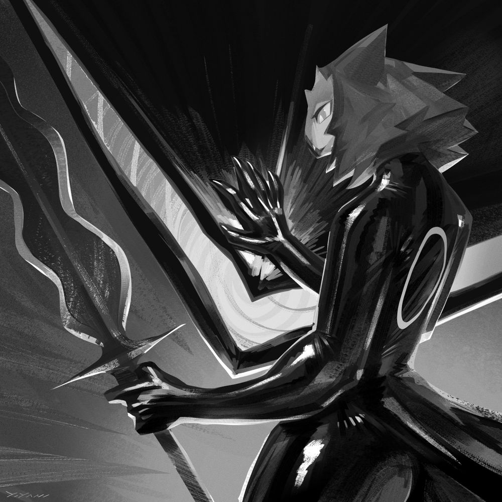 Digital art. An avian character in a full body latex suit faces away from the viewer, one hand resting on the snout of an enormous flat-headed snake and the other holding a wave-bladed spear.