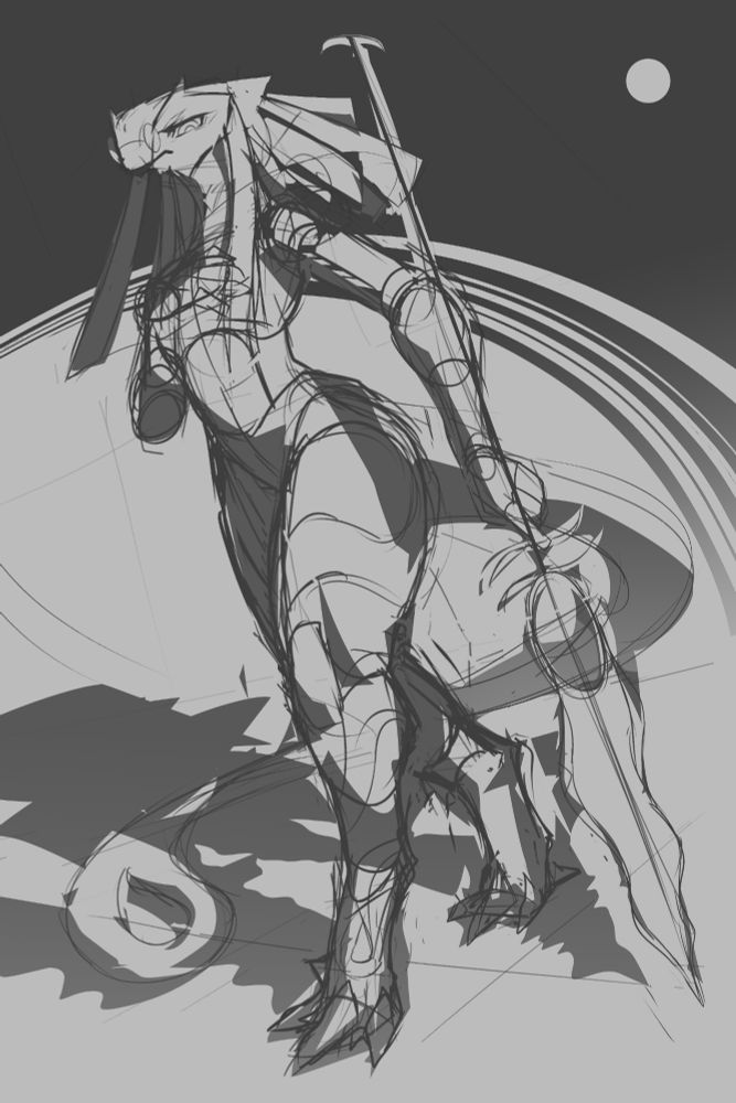 Sketch of a disdainful bird holding a flamberge spear