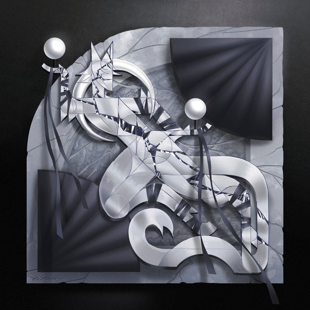 Digital art of an abstract mural depicting a stylized anthro character rendered in metal, stone, cloth, gemstone, and marble stacked on top of one another to imply depth. 
