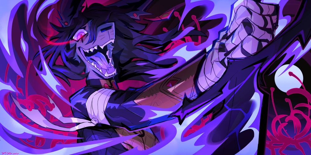 Close up of an anthro canine character swinging a black blade wreathed in purple flames at the viewer with a wild, frenzied expression. Spider lilies surround them.