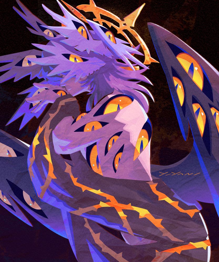 Sunday from Honkai Star Rail but with lots of piercing eyes covering his wings and body.