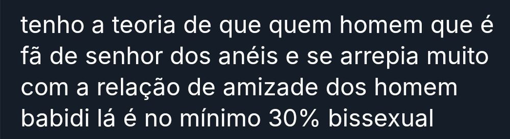 Texto diz "tenho a teoria de que quem homem que é fã de senhor dos anéis e se arrepia muito com a relação de amizade dos homens babidi lá é no mínimo 30% bissexual"