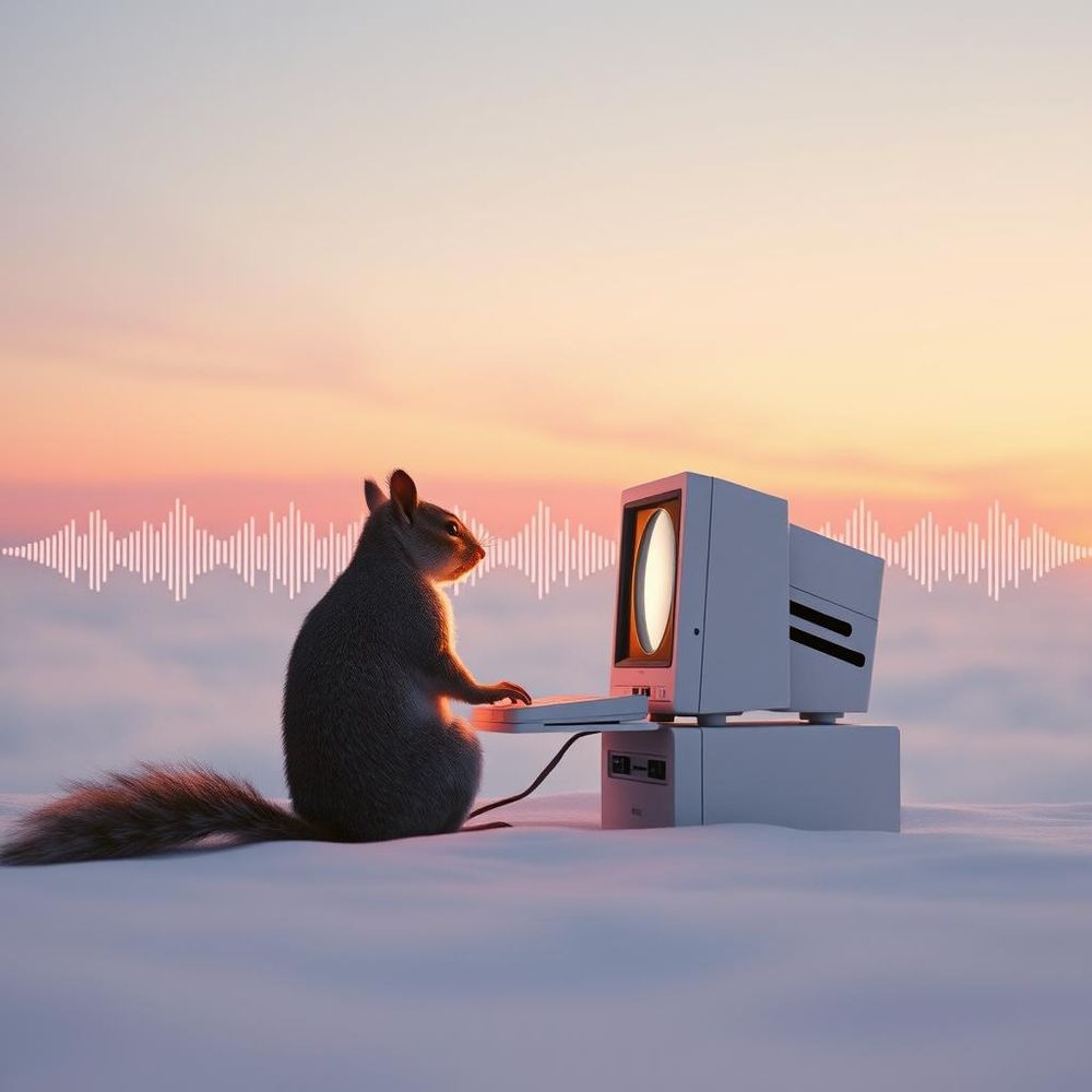AI generated cover image for the song 'Amapiano Skies'. A squirrel sits at a retro-style computer, entranced in the glow from the screen. Under them is a white cloud that looks like a desert stretching all around, and the sky above is colorful but dim from an out-of-sight sunset. Behind the squirrel and computer, running horizontally across the background are a series of small, vertical, white lines of various sizes, representing a sound wave.

