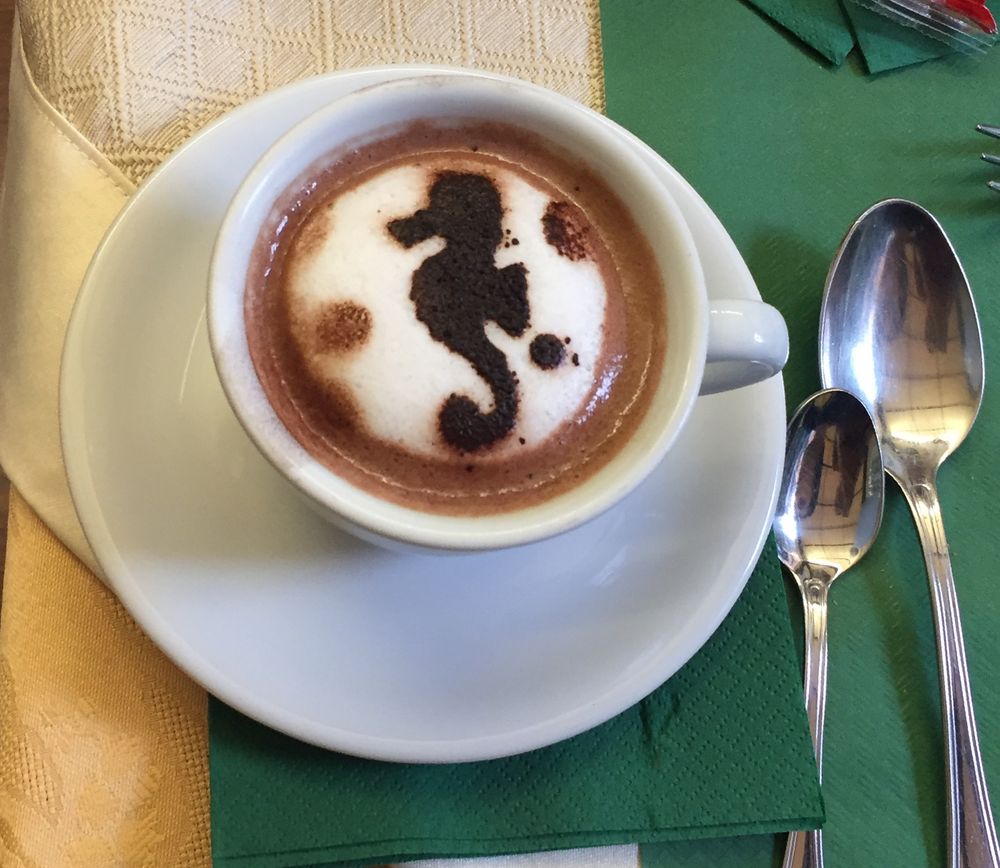 A cappuccino with a chocolate seahorse pattern sitting on the foam. It’s on a green serviette which is on a gold tablecloth. Two spoons are next to it, one small one and one larger. This is Lucius’ coffee order, for a morning in Rome 