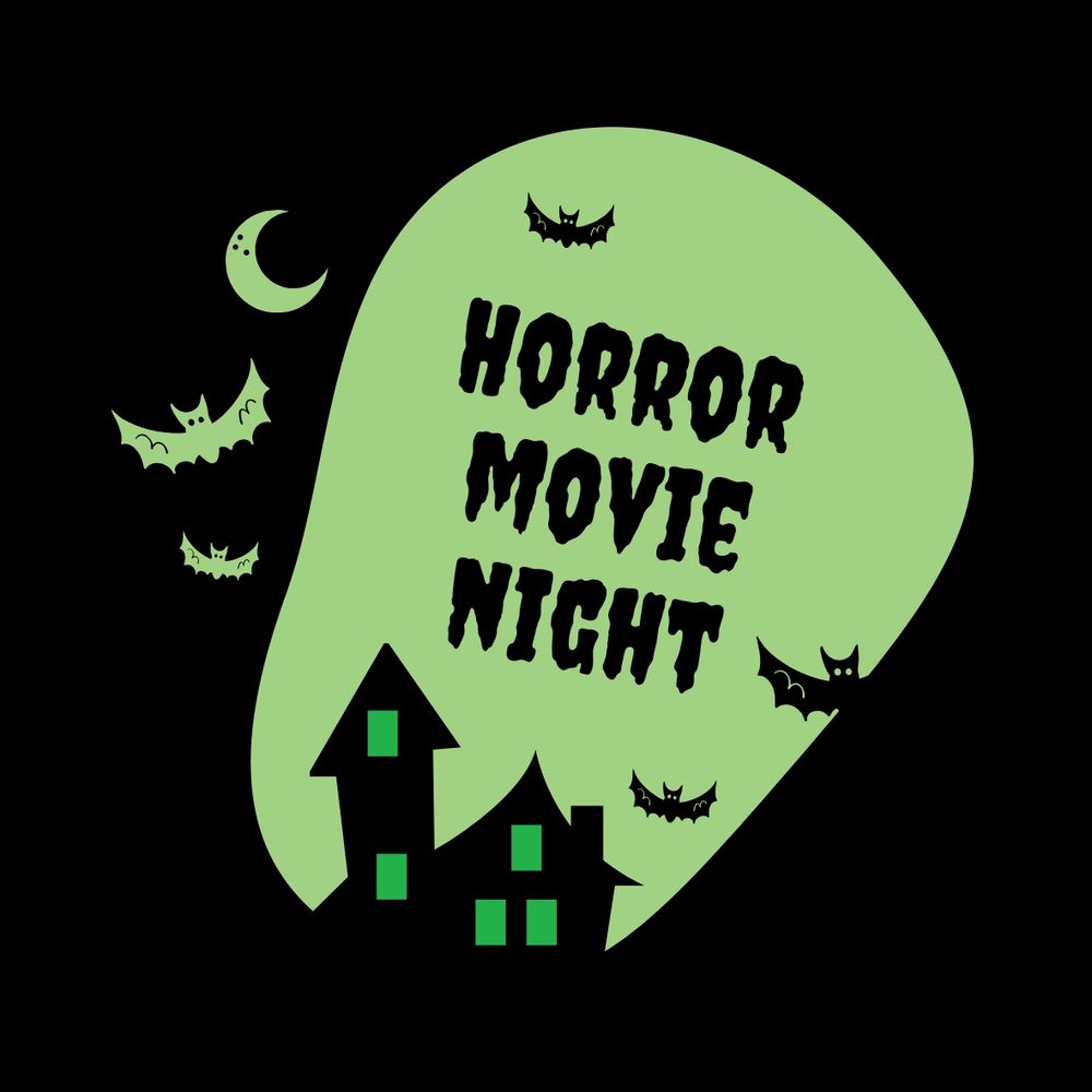 A black background with a green square on it, with black and green bats, a sliver of moon and a spooky house. The text says horror movie night.