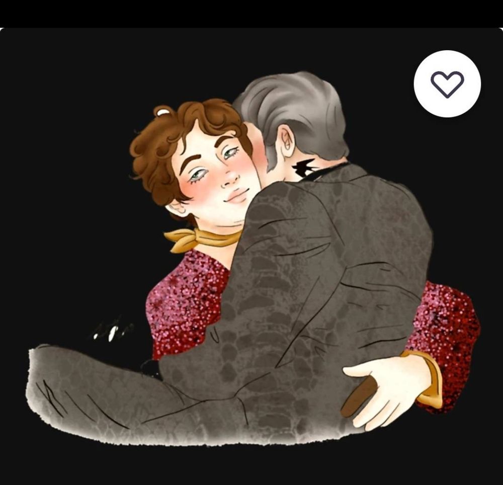 A piece of fanart featuring a pin-up style Lucius Spriggs with Izzy Hands in his lap, burying his face into Lucius’ hair. The picture is based on a scene from the movie Wilde.