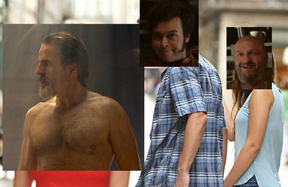 A bad photoshop of the distracted boyfriend meme, with a topless Izzy Hands (Con O’Neill) as the distraction. Lucius Spriggs (Nathan Foad) is the boyfriend and Black Pete (Matt Maher) is the girlfriend, but he’s looking just as interested as Lucius. Who can blame him, tbh. It’s a very Bad Photoshop but hey, that’s the whole point!