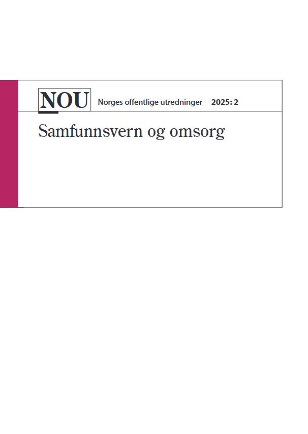 Forsiden til NOU 2025: 2 Samfunnsvern og omsorg. Forsiden er ikke illustrert. Den er knusktørr byråkratisk uten illustrasjon og det er heller ikke en fjong undertittel. 

https://www.regjeringen.no/contentassets/2a04e456eabb40b48f0cdc8202fe0107/no/pdfs/nou202520250002000dddpdfs.pdf