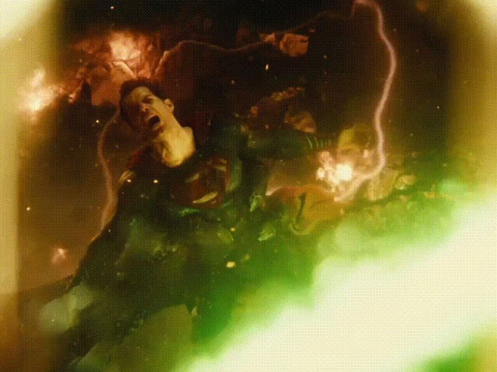 a man in a superman costume is surrounded by green lightning