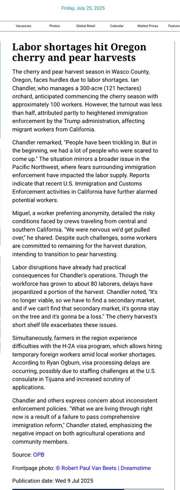Whene Photos Friday, July 25, 2025 Global Retail Market Prices Labor shortages hit Oregon cherry and pear harvests The cherry and pear harvest season in Wasco County, Oregon, faces hurdles due to labor shortages. lan Chandler, who manages a 300-acre (121 hectares) orchard, anticipated commencing the cherry season with approximately 100 workers. However, the turnout was less than half, attributed partly to heightened immigration enforcement by the Trump administration, affecting migrant workers from California. Chandler remarked, 