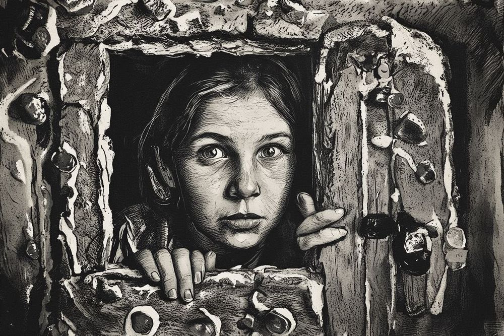 Gretel at the cookie cupboard door