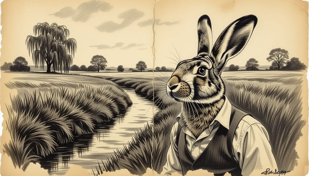 Close-up, monochromatic charcoal three-quarter view portrait drawing on textured, torn edges, creased, old warm-toned paper of a hare dressed as a 1920s english long distance runner looking sleepy as he looks up into the distance, detailed, sharp, in focus. Background: a few rough lines hint at a country meadow and stream, willow trees.