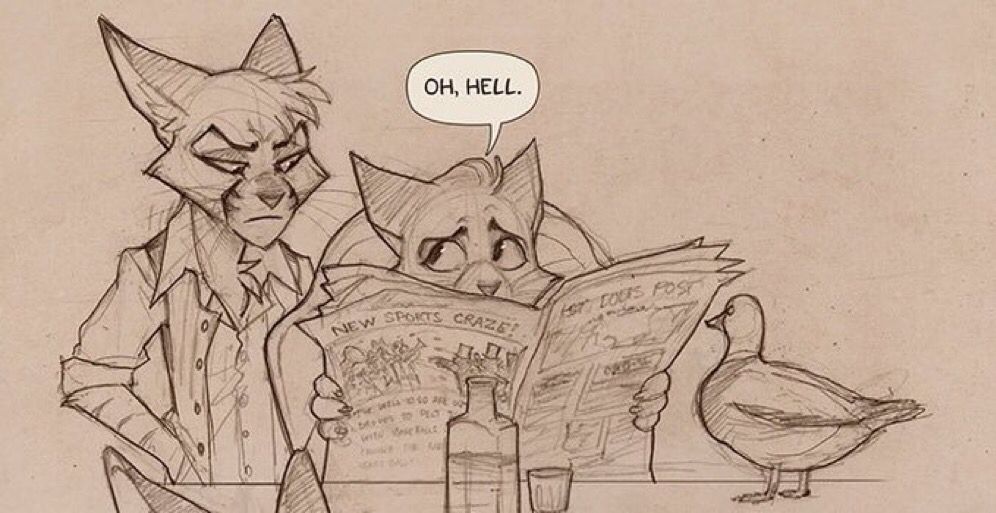 Image of Sedgewick Sable from Lackadaisy reading the paper when he notices Zib and comments “oh hell” also featuring the ghost duck haunting him