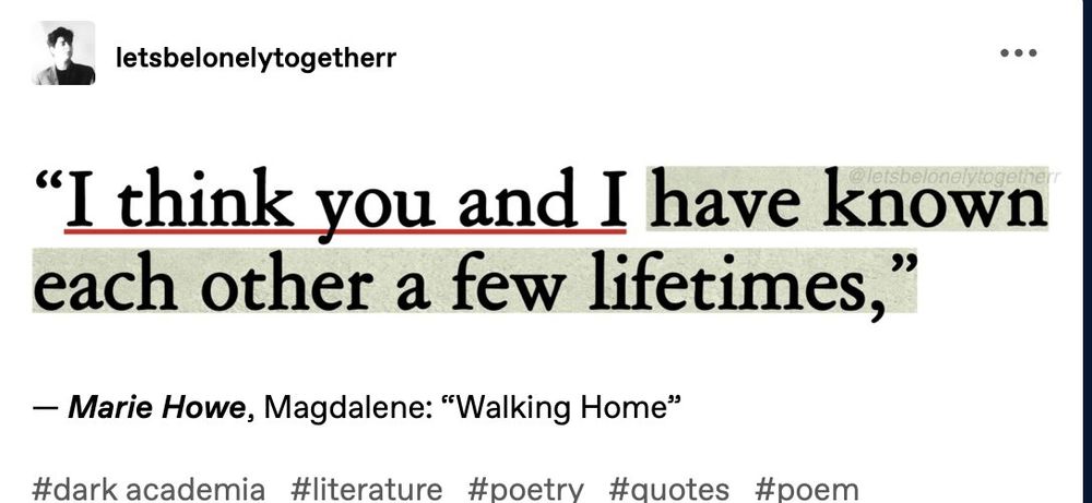 The image shows the phrase "I think you and I have known each other a few lifetimes," by Marie Howe, Magdalene: "Walking Home"