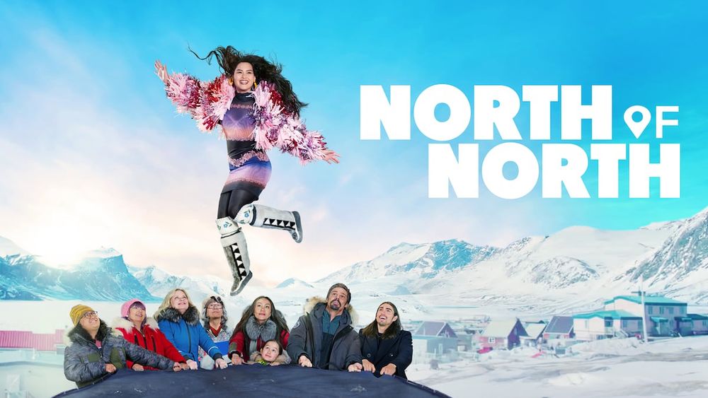 Stills from North of North, a comedy series set in Nunavut. Scene: a blanket toss. 
