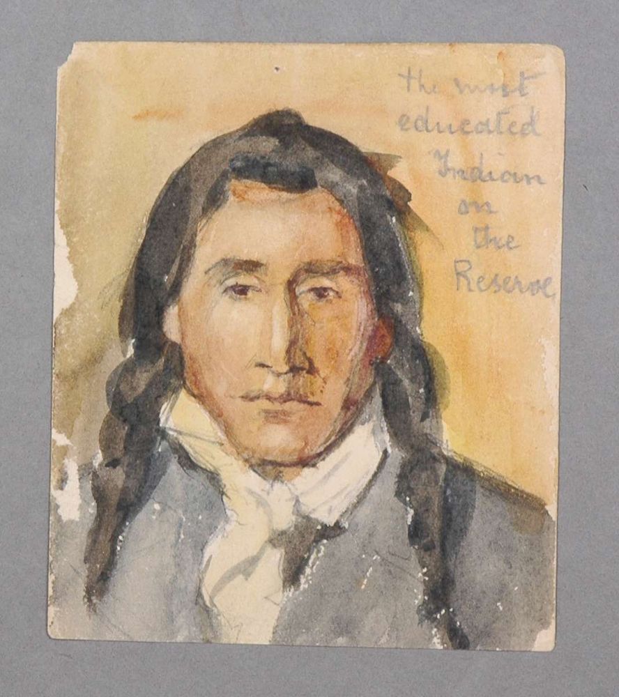 A watercolor, dated from around 1895, of Kanai citizen Joe Healy. He has long dark hair, a grey jacket and white scarf.